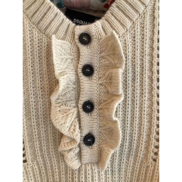 Authentic DSquared2 Ruffle Trim Sleeveless Sweater, Cream w/Navy Stripes, Sz S - Picture 3 of 9